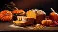 Golden-brown pumpkin bread, freshly baked. Moist, tender crumb with orange flecks of pumpkin