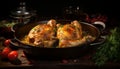 Golden brown roast chicken with a delectably crispy skin, expertly cooked in a sizzling pan