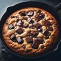 Golden brown skillet cookie topped with melted chocolate and chocolate chunks