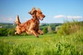 A golden, brown spaniel is jumping, running in a beautiful green meadow with a clear blue sky. Cute dog and good friend