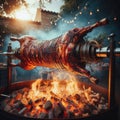 A whole lamb, golden brown and succulent, rotates on a spit over a bed of barbecue coals