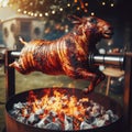 A whole lamb, golden brown and succulent, rotates on a spit over a bed of barbecue coals