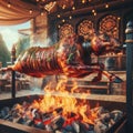 A whole lamb, golden brown and succulent, rotates on a spit over a bed of barbecue coals