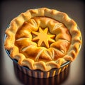 Golden browned pastry meat pie fresh out of the oven