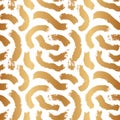 Golden brush blots strokes. Seamless pattern. Pretty gold stripes. Background with brushstroke bold smudge. Abstract grungy swirl.