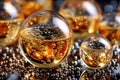 Golden Bubbles in Glass Spheres on Reflective Surface Royalty Free Stock Photo