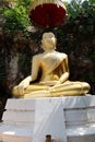 Golden Buddha image, sacred belief in Thai temple located on high mountain, forest and sky background.