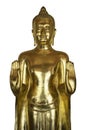 Golden Buddha Standing and rise two hand. Royalty Free Stock Photo