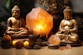 Golden Buddha Statue Next to a Himalayan Salt Lamp