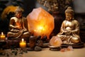 Golden Buddha Statue Next to a Himalayan Salt Lamp