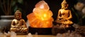 Golden Buddha Statue Next to a Himalayan Salt Lamp