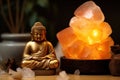 Golden Buddha Statue Next to a Himalayan Salt Lamp