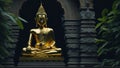 Golden Buddha statue stands as a tranquil sentinel amidst a lush landscape of green leaves, creating a mesmerizing interplay of