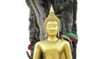 Golden Buddha statue under the Bodhi tree and Silk isolated on white background with clipping path. Royalty Free Stock Photo