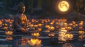 a golden Buddha statue under the full moon, surrounded by floating lotus flowers in a tranquil water garden. a serene Royalty Free Stock Photo