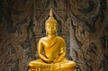 Golden buddha statue with wood carving as background Royalty Free Stock Photo