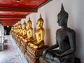 Golden Buddha statues in a long line with one black statue standing out along a wall at the Wat Pho Temple in Bangkok, Thailand Royalty Free Stock Photo