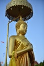 Golden Buddha, Thai sculpture close-up, against the sky in the background