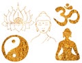 Golden buddhist symbols Meditating Buddha, Lotus, Yin Yang symbol, Om symbol Royalty Free Stock Photo