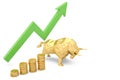 Golden bull and coins on white background 3d illustration. Royalty Free Stock Photo