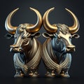 golden bull figurines on a black background. 3d illustration Generative AI