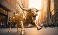 golden bull in financial district - stock market rising increase concept