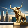 Golden bull sculpture with city background
