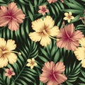 Golden burgundy hibiscus plumeria leaves seamless black Royalty Free Stock Photo