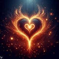 Golden burning heart. Twin flame logo. Esoteric concept of spiritual love. Illustration on black background for web