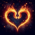 Golden burning heart. Twin flame logo. Esoteric concept of spiritual love. Illustration on black background for web