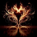 Golden burning heart. Twin flame logo. Esoteric concept of spiritual love. Illustration on black background for web