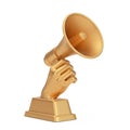 Golden Business Award Trophy in Shape of Hand with Megaphone. 3d Rendering