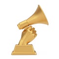 Golden Business Award Trophy in Shape of Hand with Megaphone. 3d Rendering