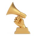 Golden Business Award Trophy in Shape of Hand with Megaphone. 3d Rendering