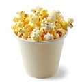 Golden buttered and salted popcorn fills a sleek white glass against a clean white backdrop