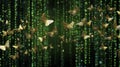 Golden Butterflies Flocking Through Digital Code Streams and Binary Rain Royalty Free Stock Photo