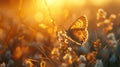 Golden Butterfly in Sunset Glow on Wild Grass Meadow - Artistic Macro Image of Living Wildlife in Golden Sun Rays
