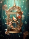 Generative AI: golden cage with birds in a fantasy environment
