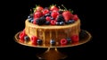 Golden Cake With Sliced Berries And Caramel - Realistic High-end Photography