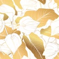 Golden calla lily pattern on white background. Wedding wallpaper background for warapping paper design, brochure