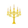 Golden candelabrum with burning candles, vintage candlestick vector Illustration on a white background