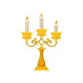 Golden candelabrum with three burning candles, vintage candlestick vector Illustration on a white background