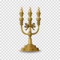 Golden candelabrum with three candlesticks isolated on transparent background