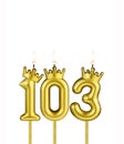 Golden candle with crown number 103 - White background Royalty Free Stock Photo