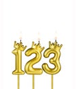 Golden candle with crown number 123 - White background Royalty Free Stock Photo