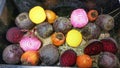 Golden, candy stripe and purple beetroots Royalty Free Stock Photo