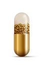 Golden capsule pill and drug isolated on white background. Vector 3D illustration.