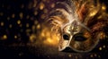 Golden carnival mask with feather on blurred lights background Royalty Free Stock Photo