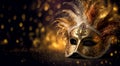 Golden carnival mask with feather on blurred lights background