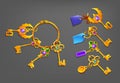 Golden cartoon keys with trinkets.